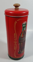 Drink Coca-Cola 9 1/4" Tall Red Embossed Tin Metal Straw Holder Container with Wood Handle Lid