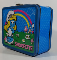 2010 Peyo The Smurfs Smurfette Blue Embossed Tin Metal Lunch Box