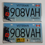 Set of British Columbia Veteran Vehicle Automobile License Plate Tags 908VAH