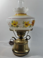 Antique Brass Base Porcelain Milk Glass Style Bulb Flower Shape Shade with Frosted Flume Electric Plug In Lamp Light