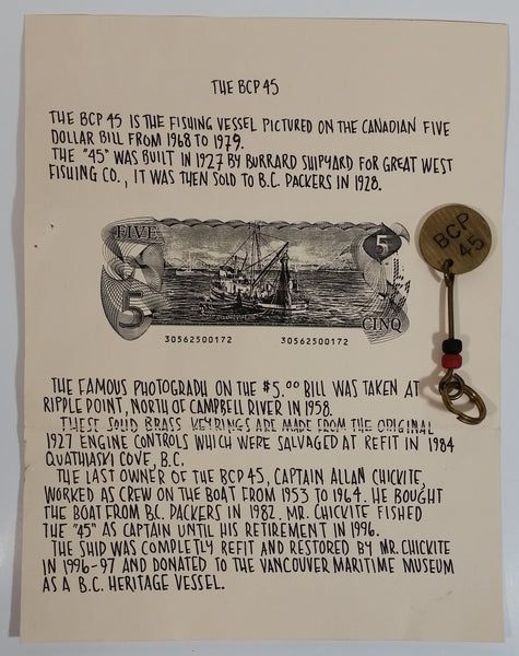 Original Piece of History Made From The Controls of The BCP 45 Boat Brass Metal Keychain from The $5 Dollar Canadian Paper Bill with Informational Paper