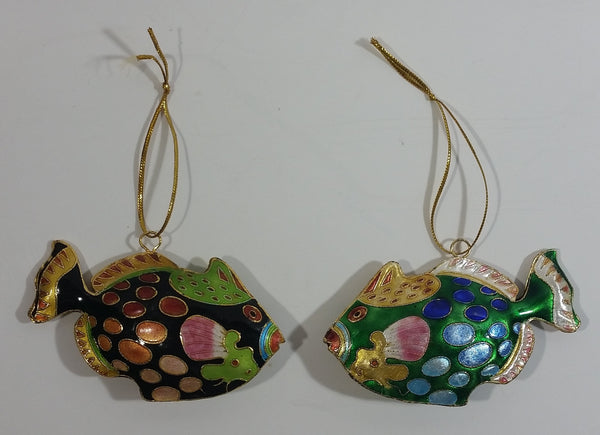 Set of 2 Handmade Cloisonne Enamel on Metal Gourami Style Colorful Tropical Fish Ornaments