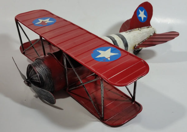 Vintage Style Red and White Bi-Plane Large Tin Metal Military Airplane