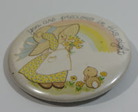 "You are precious in this sight" Cute Girl Holding Flowers with Bunny Under Rainbow 2 1/4" Diameter Round Button Pin