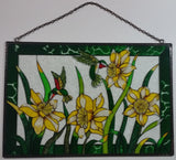 Beautifully Designed Hummingbirds Feeding on Yellow and White Flowers 12" x 18" Metal Framed Stained Painted Glass Window Pane Sun Catcher