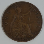 1936 Great Britain King George V One Penny Bronze Coin Currency