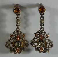 Vintage Amber Brown Topaz and Clear Rhinestone 1 7/8" Length Chandelier Earrings