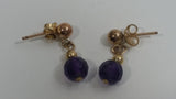 Gold Tone Purple Plastic Bead Dangle Earrings