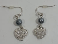 Satin Blue Pearl Clear Rhinestone Encrusted Heart Shaped Dangle Earrings