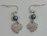 Satin Blue Pearl Clear Rhinestone Encrusted Heart Shaped Dangle Earrings