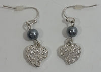 Satin Blue Pearl Clear Rhinestone Encrusted Heart Shaped Dangle Earrings