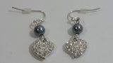 Satin Blue Pearl Clear Rhinestone Encrusted Heart Shaped Dangle Earrings