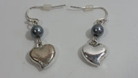 Satin Blue Pearl Clear Rhinestone Encrusted Heart Shaped Dangle Earrings