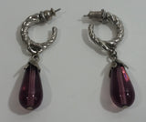 Silver Tone Metal Braided Hoop Amethyst Purple Tear Drop Style Dangle Earrings