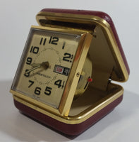 Vintage Westclox Time and Date Windup Travel Alarm Clock in Dark Red Case Made in Hong Kong