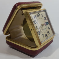 Vintage Westclox Time and Date Windup Travel Alarm Clock in Dark Red Case Made in Hong Kong