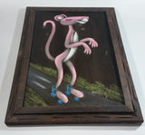 Vintage Signed Mexican Artwork The Pink Panther Rollerskating Original Painting on Black Velvet in Dark Light Weight Wood Frame - Castillo Jr