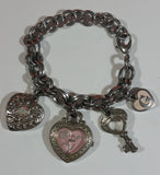 Guess Pink Enamel and Clear Rhinestone Silver Tone Metal Watch, Heart, Key Charm Pendant 7 1/2" Long Bracelet