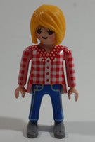 1992 Geobra Playmobil Blonde Woman "Campesina" Jeans and Red/White Plaid Top 3" Tall Toy Figure