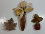 Set of 3 Hand Painted White Lily, Maple Leaf, and Red Rose Bud with Leaves Leather Fashion Pins