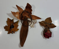 Set of 3 Hand Painted White Lily, Maple Leaf, and Red Rose Bud with Leaves Leather Fashion Pins