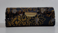 Fabric Covered Golden Flower Embroidered Black Lipstick Holder Case with Little Mirror