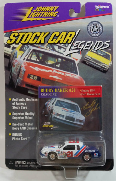 1998 Johnny Lightning Stock Car Legends NASCAR #21 Buddy Baker Valvoline 1984 Season Ford Thunderbird White Die Cast Toy Race Car Vehicle with Trading Card - New in Package Sealed