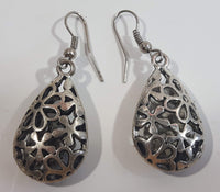 Flower Themed Silver Tone Dangle Drop Earrings