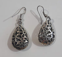 Flower Themed Silver Tone Dangle Drop Earrings