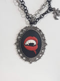 Vampire Mouth and Bat Themed 22" Long Black Double Chain Necklace with Heart and Bar Clasp