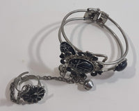 Black Enamel with Plastic Faux Black Howlite Metal Bracelet with Chain Attached Ring