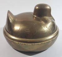 Vintage Solid Brass Engraved Duck Dish with Lid Marked HS 6422