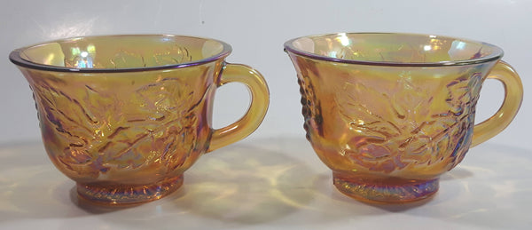 Set of 2 Vintage Indiana Carnival Glass Harvest Leaf Pattern Orange Amber Iridescent Rainbow Punch Bowl Cup