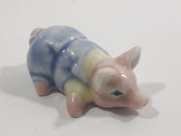 Small Pink Pig in Overalls Laying Down Small Miniature Ceramic Ornament Figurine