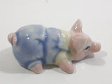 Small Pink Pig in Overalls Laying Down Small Miniature Ceramic Ornament Figurine