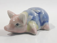 Small Pink Pig in Overalls Laying Down Small Miniature Ceramic Ornament Figurine