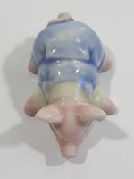 Small Pink Pig in Overalls Laying Down Small Miniature Ceramic Ornament Figurine