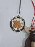 Moose Holding a Canadian Flag Snowboard Handmade Natural Wood Hanging Ornament