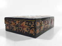 Black Lacquer Raised Parrot Leaves and Berries Small Wood Trinket Box