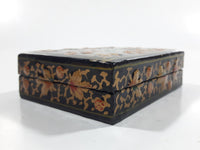 Black Lacquer Raised Parrot Leaves and Berries Small Wood Trinket Box