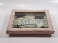 Glass Covered Sail Boat on Ocean Maps Sailors Knots Nautical Themed Wood Shadow Box 6" x 8"