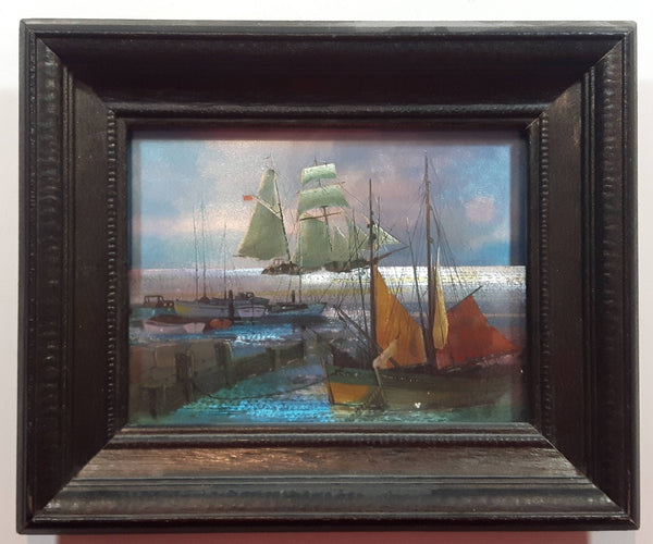 Vintage Foil Art Print of Sailboats and Tall Ships in a Harbor 9 3/8" x 11 1/4"