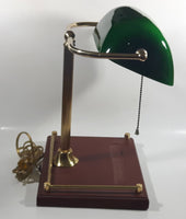 Rare Style Vintage Green Glass and Brass Wood Based Banker's Lamp