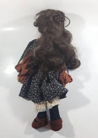 Vintage Hard Rubber School Girl Style Blue Flower Dress Brown Apron Doll 18" Tall