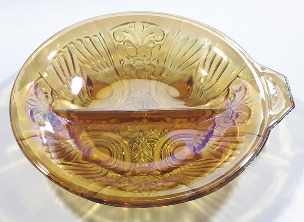 Vintage Indiana Orange Amber Iridescent Rainbow Gold 7 1/2" Diameter Carnival Glass Split Candy Dish