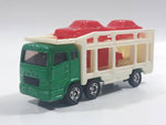 1996 Tomy Tomica No. 7 "Super Great Truck" Fuso Auto Hauler Transport Truck Green and White with Red Cars 1/102 Scale Die Cast Toy Car Vehicle