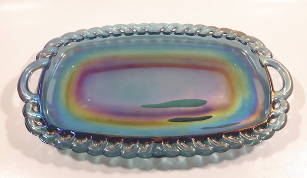 Vintage Indiana Carnival Glass Iridescent Blue Rainbow Double Handles Tea Cream and Sugar Dish