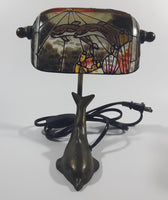 Beautiful Tiffany Style Dolphin Themed Stained Glass and Brass Dolphin Base Banker's Table Lamp Light 9 1/2" Tall