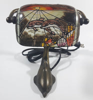 Beautiful Tiffany Style Dolphin Themed Stained Glass and Brass Dolphin Base Banker's Table Lamp Light 9 1/2" Tall