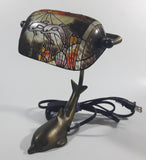 Beautiful Tiffany Style Dolphin Themed Stained Glass and Brass Dolphin Base Banker's Table Lamp Light 9 1/2" Tall